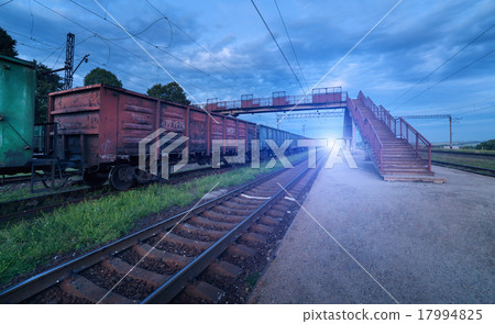 Cargo train platform at sunset. Railroad. Railway 17994825