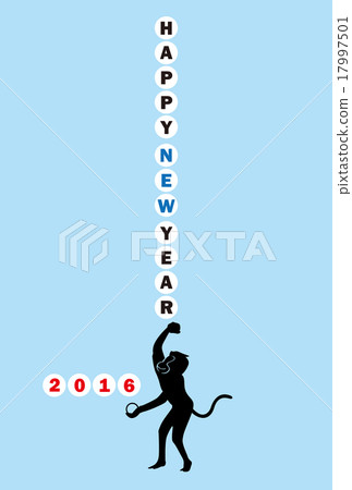 New Year's card 2016 - Monkey's ball throwing (vertical writing - light blue background - post card template) 17997501