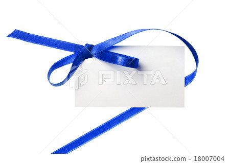 Blank gift tag tied with a bow blue satin ribbon 18007004