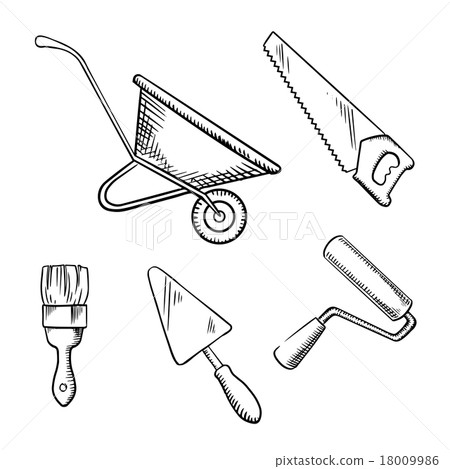 Saw, trowel, wheelbarrow, paint brush and roller 18009986