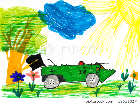 Military tank in the meadow. child drawing. Military tank in the meadow. child drawing. 18013027
