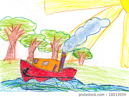 ship sails near the shore. child drawing. ship sails near the shore. child drawing. 18013034