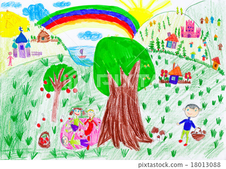 people relax on meadow near village child drawing - Stock Illustration ...