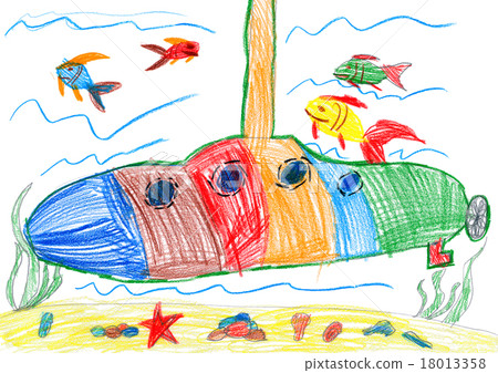 child drawing. submarine and sea life child drawing. submarine and sea life 18013358