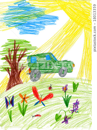child drawing. car rides on a meadow child drawing. car rides on a meadow 18013359