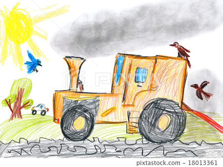 child drawing. tractor plows the soil 18013361