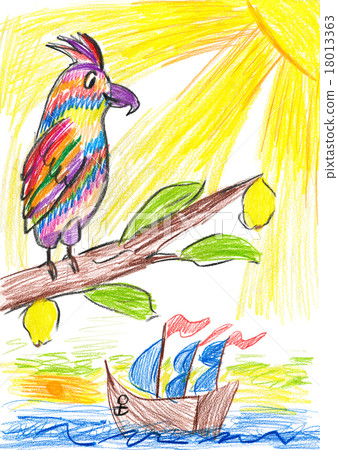 child drawing. parrot and sailing ship 18013363