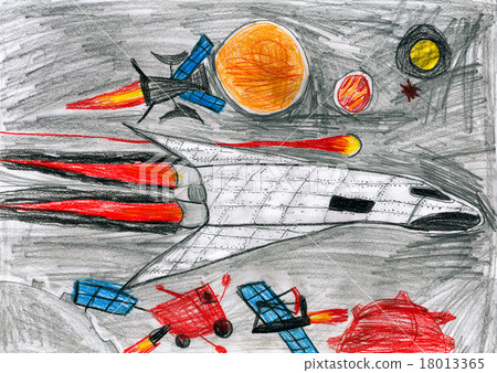 child drawing. space shuttle in universe child drawing. space shuttle in universe 18013365