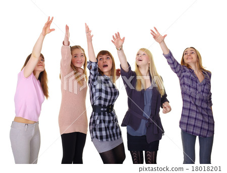Girls pulling together hands up isolated on white background 18018201
