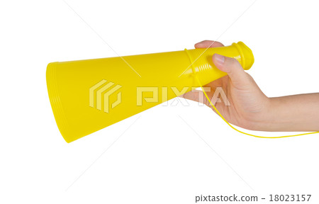 male hand holding plastic megaphone. 18023157