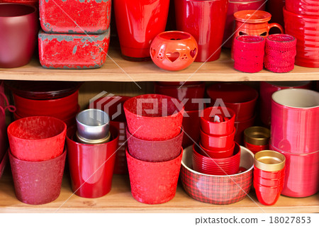 red flowerpots in the florist store red flowerpots in the florist store 18027853