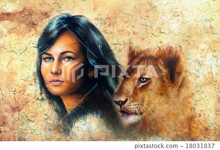 Young woman portrait, with long dark hair and blue Young woman portrait, with long dark hair and blue 18031837