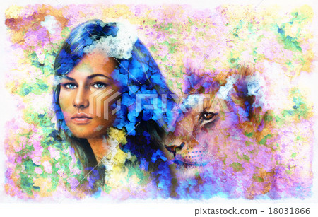 Painting collage Young woman and lion cub. eye Painting collage Young woman and lion cub. eye 18031866