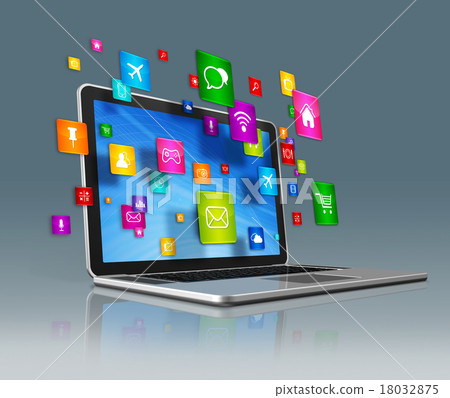 Laptop Computer and flying apps icons Laptop Computer and flying apps icons 18032875