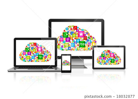 Cloud computing symbol in computer set Cloud computing symbol in computer set 18032877
