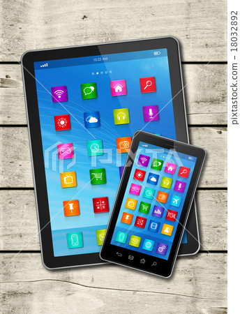 Smartphone and digital tablet with desktop icons Smartphone and digital tablet with desktop icons 18032892