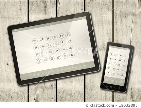 Smartphone and digital tablet with desktop icons Smartphone and digital tablet with desktop icons 18032893
