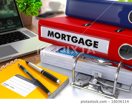 Red Ring Binder with Inscription Mortgage. 18036114