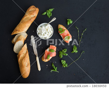 Salmon, ricotta and basil sandwiches with baguette 18038450