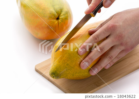 Knife Positioned For A First Cut Through A Papaya 18043622