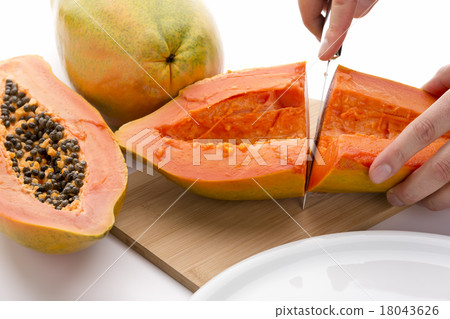 First Cut Through A Hollowed Out Papaya Half 18043626