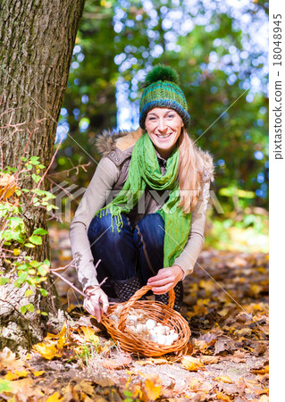 Woman with basket full of champignons in forest Woman with basket full of champignons in forest 18048945