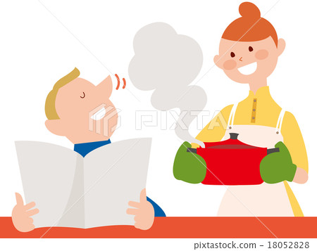 有一個火鍋的一名微笑的婦女和看起來另一個的人愉快 18052828