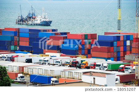Port warehouse with cargoes and containers Port warehouse with cargoes and containers 18053207