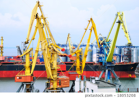 The trading seaport with cranes, cargoes and ship The trading seaport with cranes, cargoes and ship 18053208