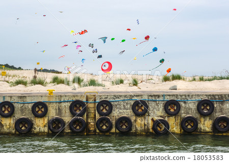 .Colorful Kites on Baltic Beach. .Colorful Kites on Baltic Beach. 18053583