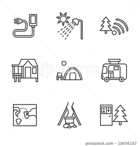 Forest camping black flat line vector icons - Stock Illustration ...