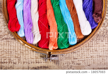 wooden hoop with threads for embroidery 18057083