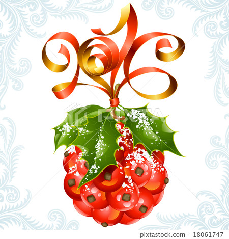 Vector ribbon in the shape of 2016 and holly ball 18061747
