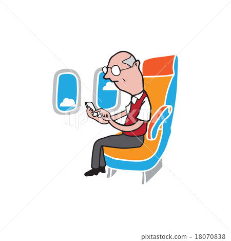 Airpane cabin passenger old man smart phone Airpane cabin passenger old man smart phone 18070838
