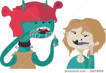 Cute monster and funny kid brushing teeth together 18079009