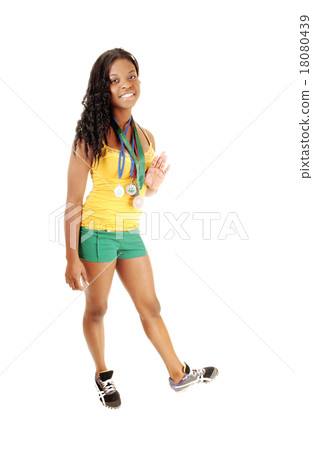 Black girl showing her medals. 18080439