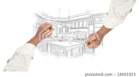 Two Male Hands Sketching Beautiful Custom Kitchen Two Male Hands Sketching Beautiful Custom Kitchen 18091923