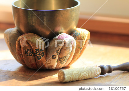 Old brass bell and bell stick, Buddhist altar equipment Old brass bell and bell stick, Buddhist altar equipment 18100767