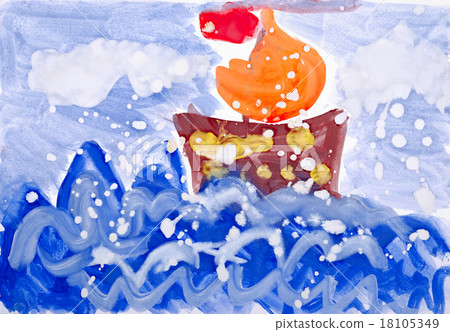 Childlike drawing.The ship floats on the sea 18105349