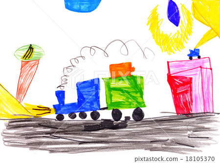 children's drawing. car, tree, sun 18105370