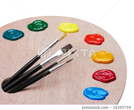 Wooden art palette with paints and brushes Wooden art palette with paints and brushes 18105759