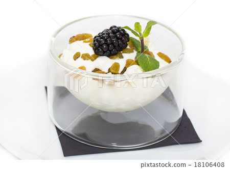 cottage cheese with sour cream and raisins on a wh 18106408