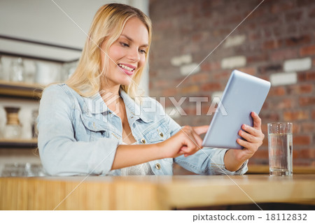 Smiling blonde touching on tablet computer 18112832