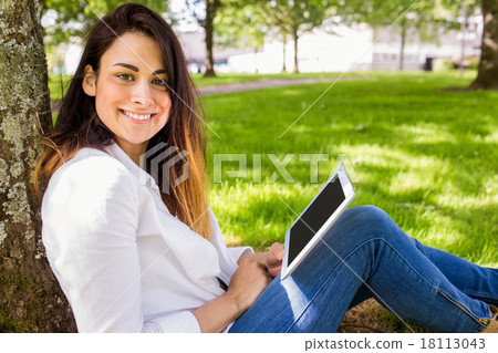 Beautiful brunette using tablet pc in the park 18113043