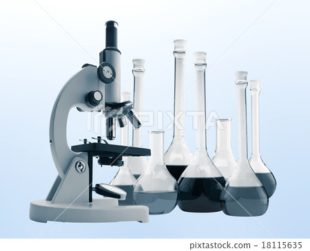 microscope and test tubes with liquid in blue 18115635