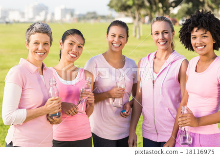 Smiling women wearing pink for breast cancer Smiling women wearing pink for breast cancer 18116975