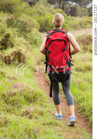 Blonde hiker hiking with backpack 18117137