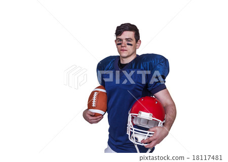 American football player holding a ball and helmet 18117481