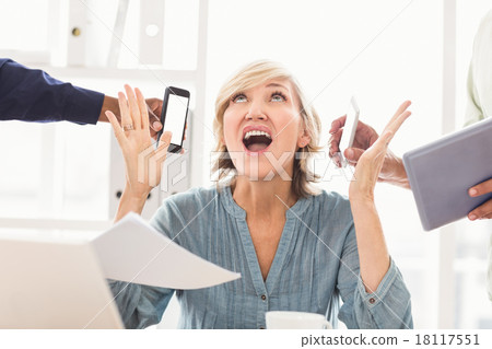 Overwrought businesswoman claiming for help Overwrought businesswoman claiming for help 18117551