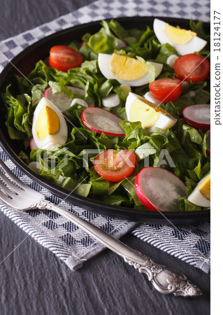 Salad of eggs, radishes and sorrel close up 18124177